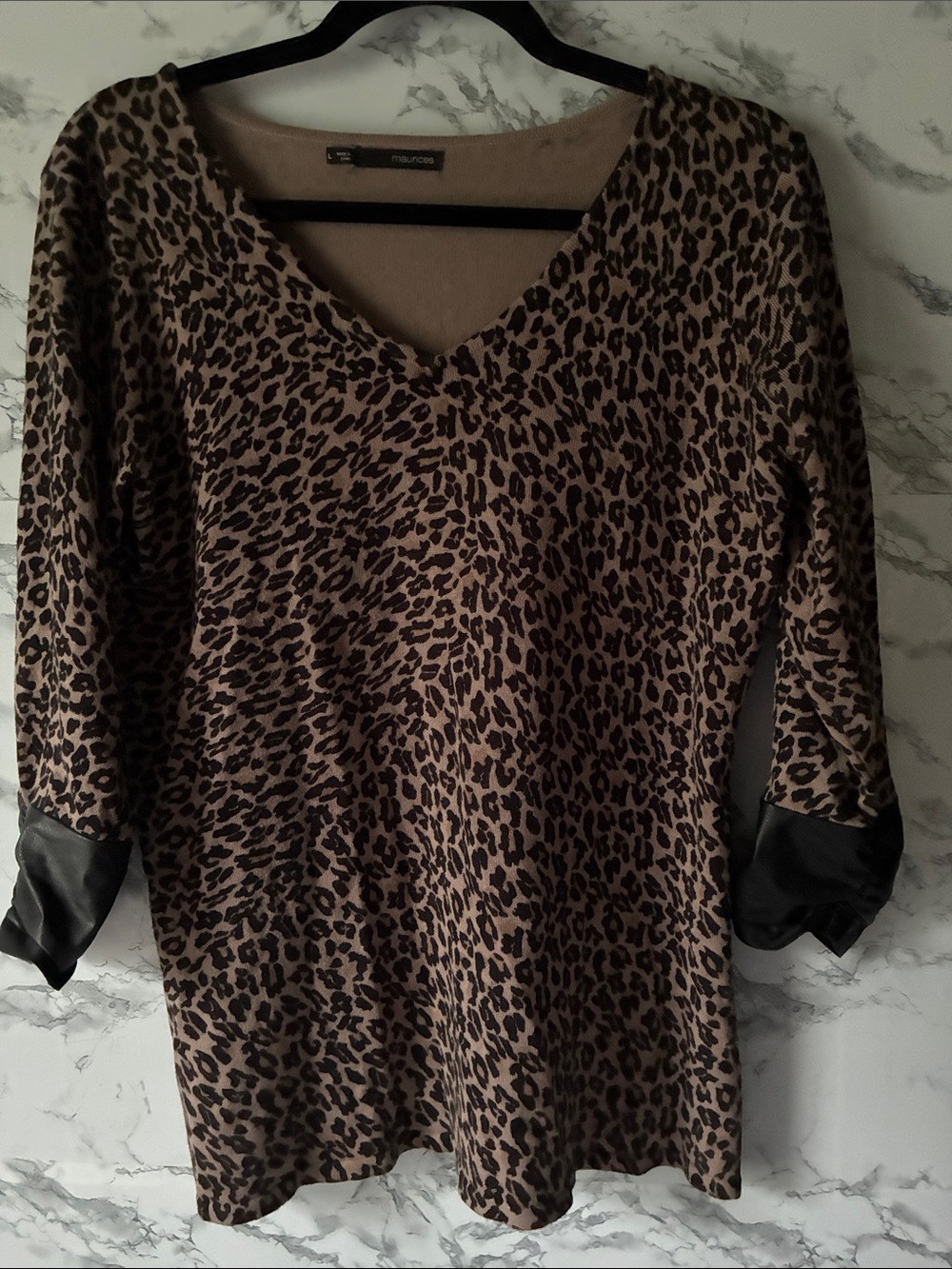 Maurices L Leopard Print V-Neck Tunic with Black Faux Leather Cuffs